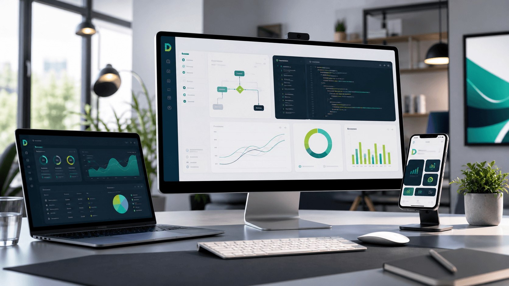 Ambiente de software com monitores exibindo dashboards, código, fluxos e interfaces mobile.