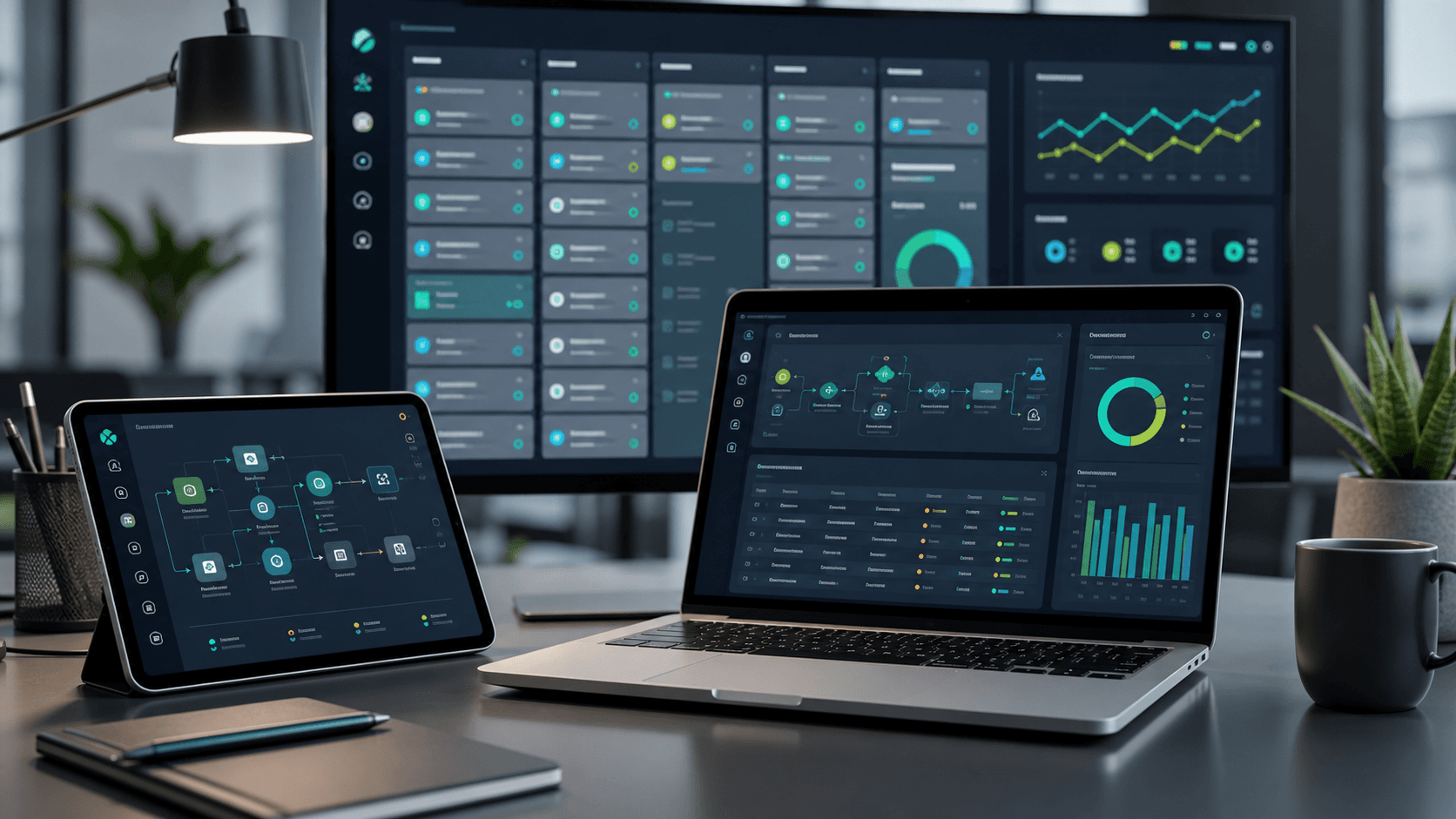 Dispositivos exibindo dashboards de fluxos, operações, dados estruturados e automações.