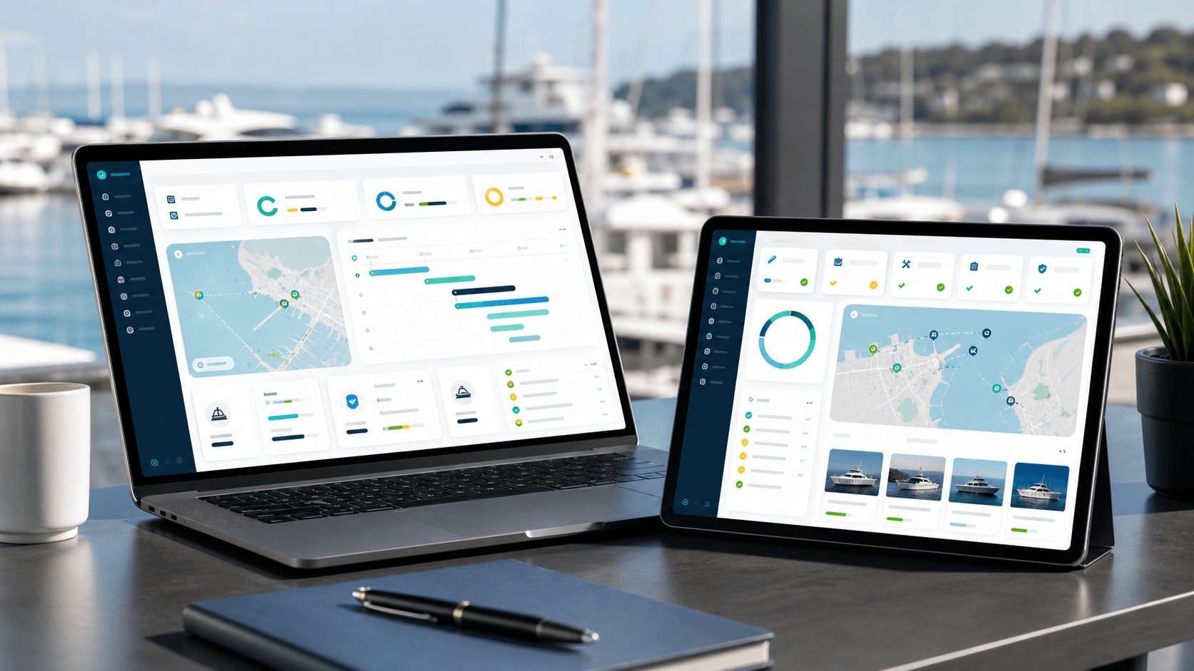 Laptop e tablet em ambiente de marina exibindo uma plataforma operacional com mapas, status e indicadores.