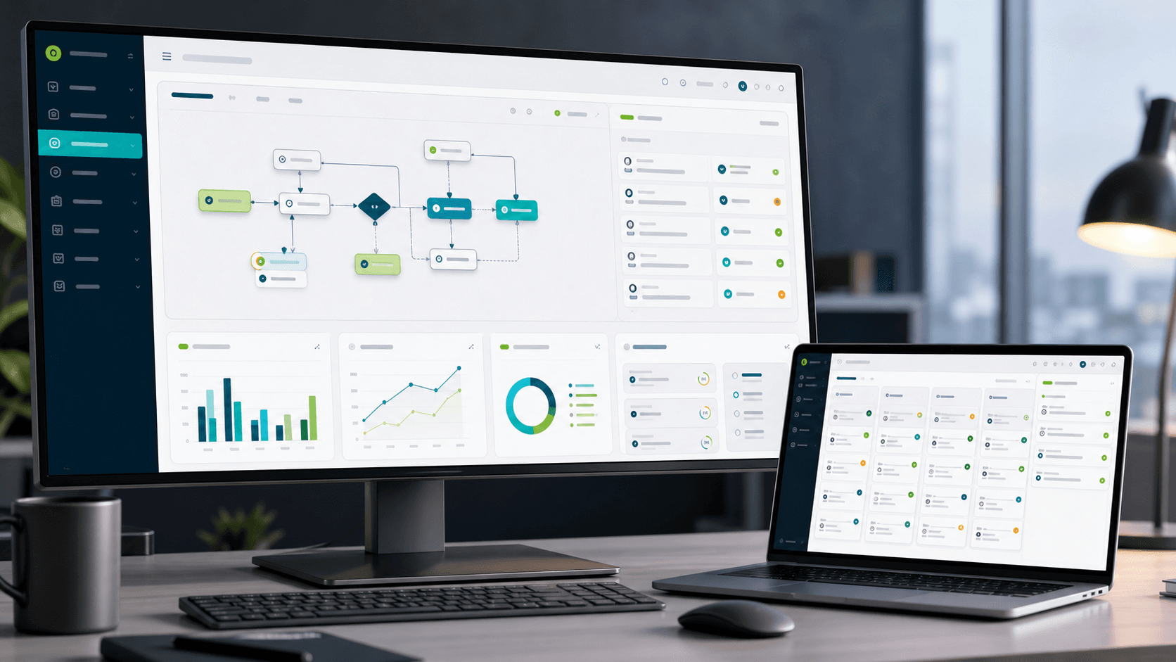Monitores com interface corporativa de workflows, aprovações, auditoria e indicadores de operação.