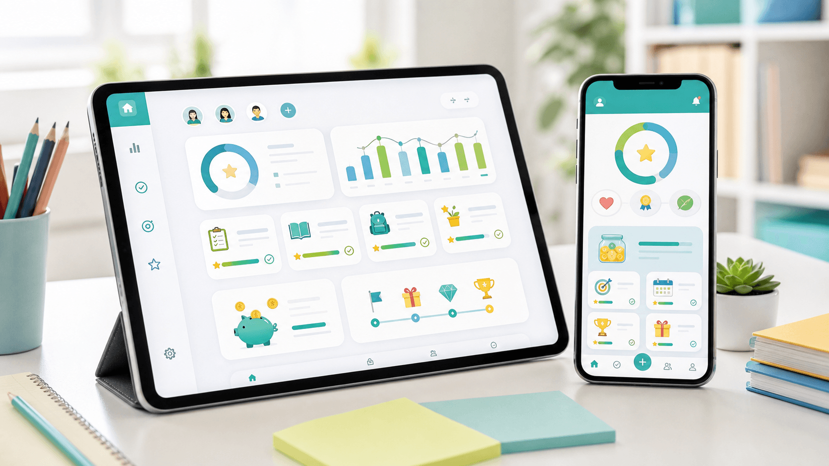Tablet e celular exibindo interfaces educacionais com metas, tarefas, progresso e elementos de gamificação.